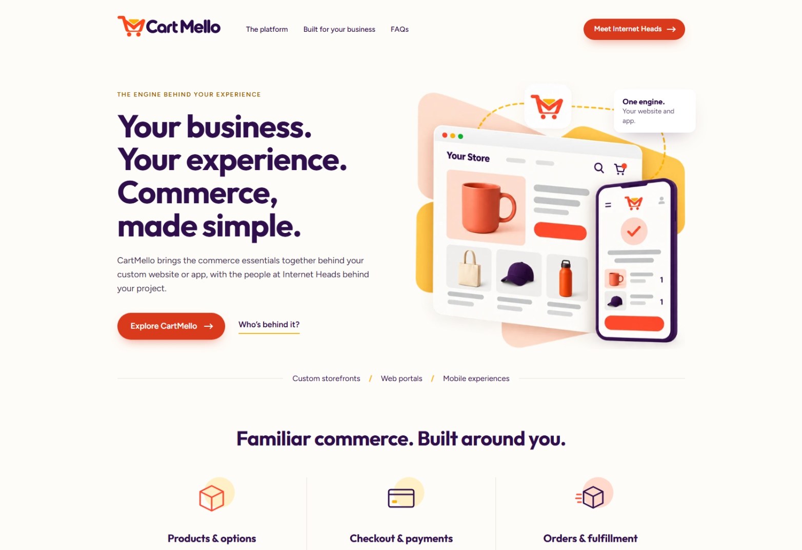 CartMello homepage: “Your business. Your experience. Commerce, made simple.” beside a storefront and phone checkout illustration
