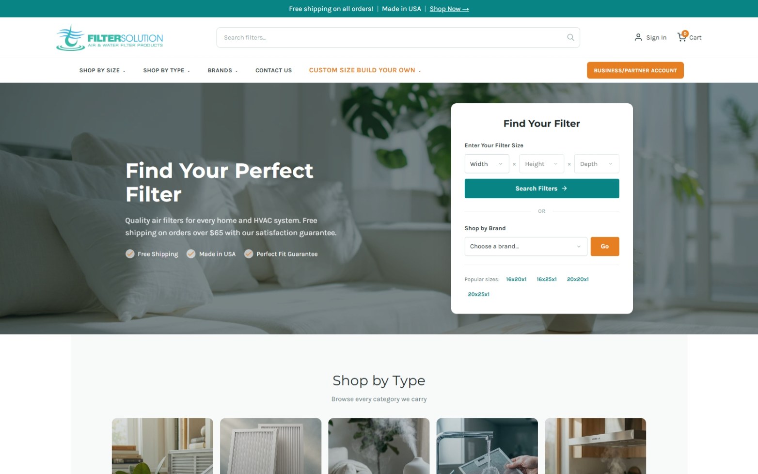 Filter Solution storefront (development build): “Find Your Perfect Filter” with a filter size and brand finder
