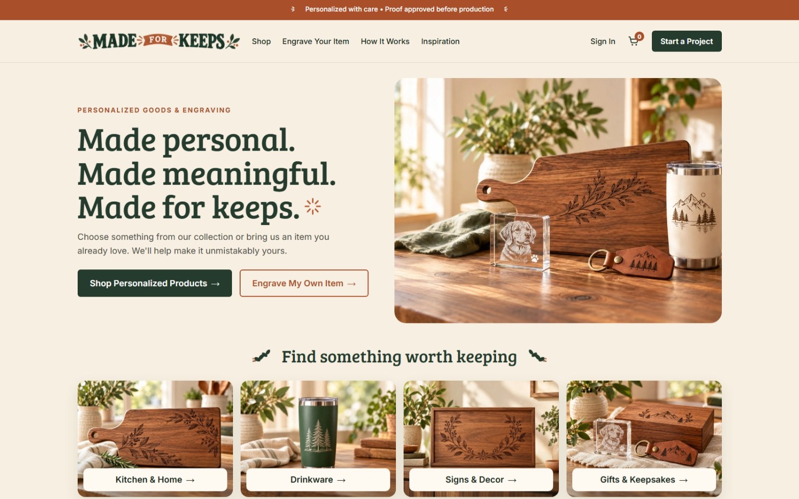 Made for Keeps storefront (development build): “Made personal. Made meaningful. Made for keeps.” beside engraved wood and drinkware