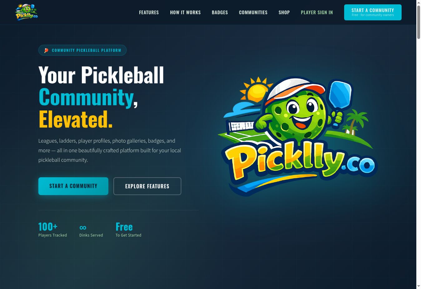 Picklly, our pickleball community platform: homepage