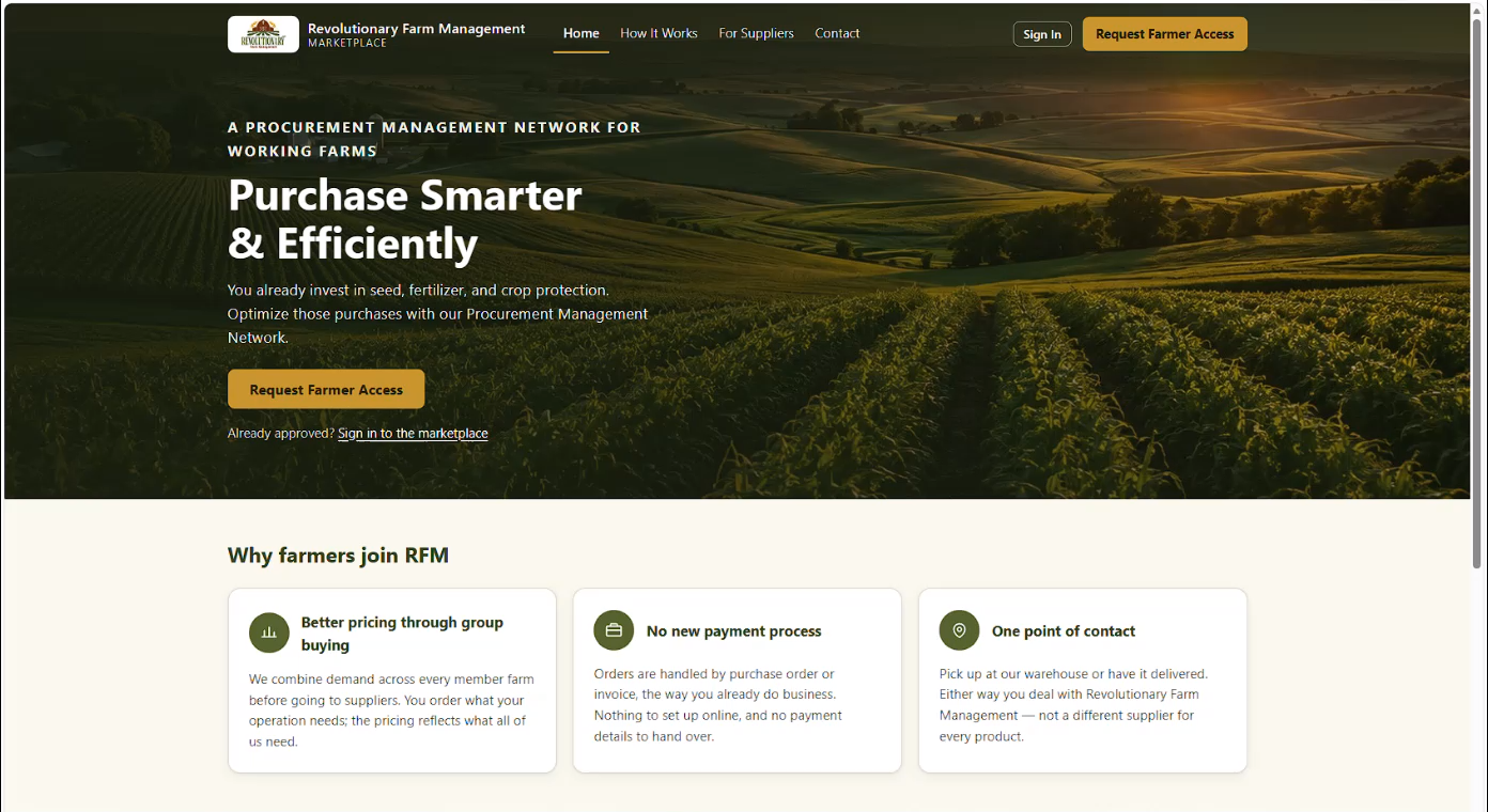 Revolutionary Farm Management marketplace: “Purchase Smarter & Efficiently” over a farmland photo